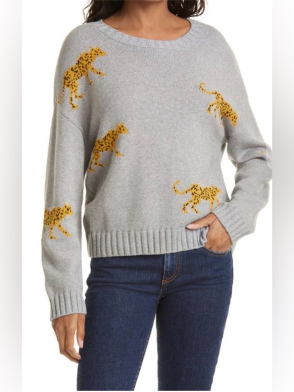 $218 Rails Perci Cotton & Cashmere Sweater Grey Jungle Cat Leopard Small